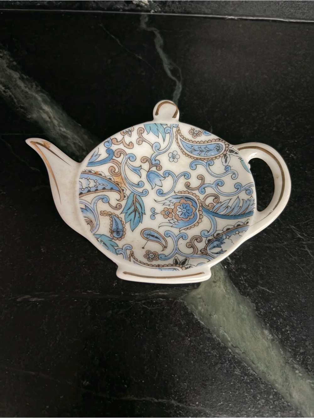Lefton Decorative Blue and White Gold Paisley Teapot Spoon Tea Bag Rest